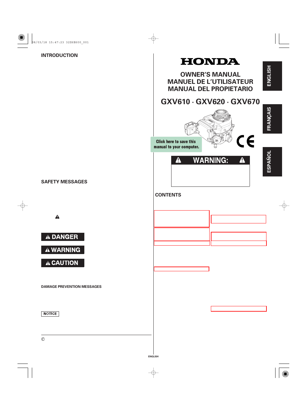 HONDA GXV610 User Manual | 55 pages