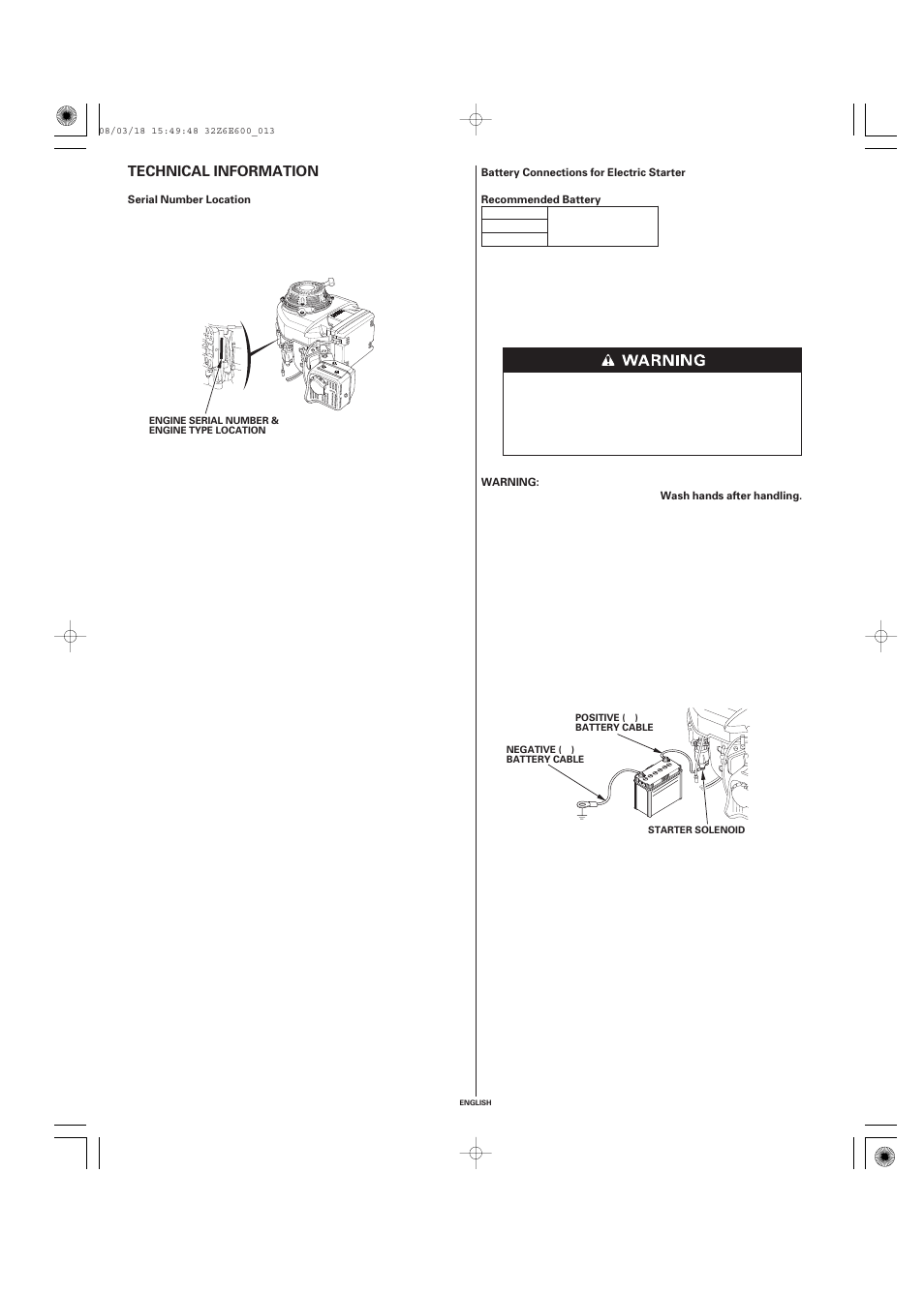 Technical & consumer information, Technical information, Serial number location | Battery connections for electric starter, Technical information .13 | HONDA GXV610 User Manual | Page 13 / 55