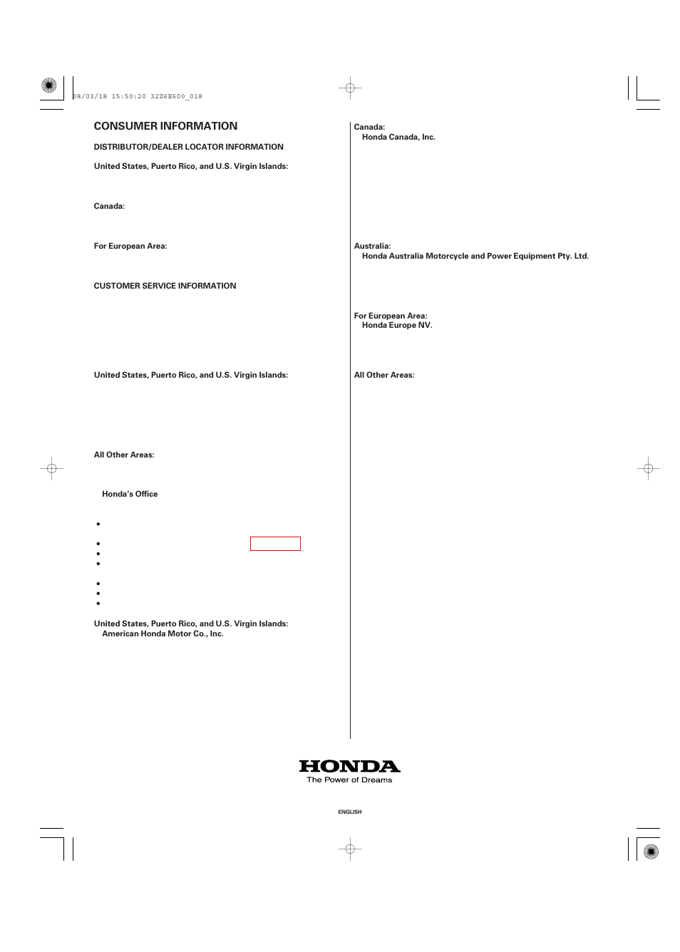 Consumer information, Distributor/dealer locator information, Customer service information | Consumer information .18 | HONDA GXV610 User Manual | Page 18 / 55
