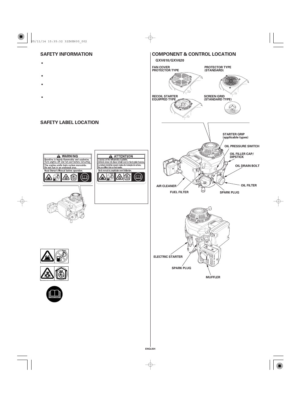 Safety information, Safety label location, Component & control location | Component & control, Location | HONDA GXV610 User Manual | Page 2 / 55