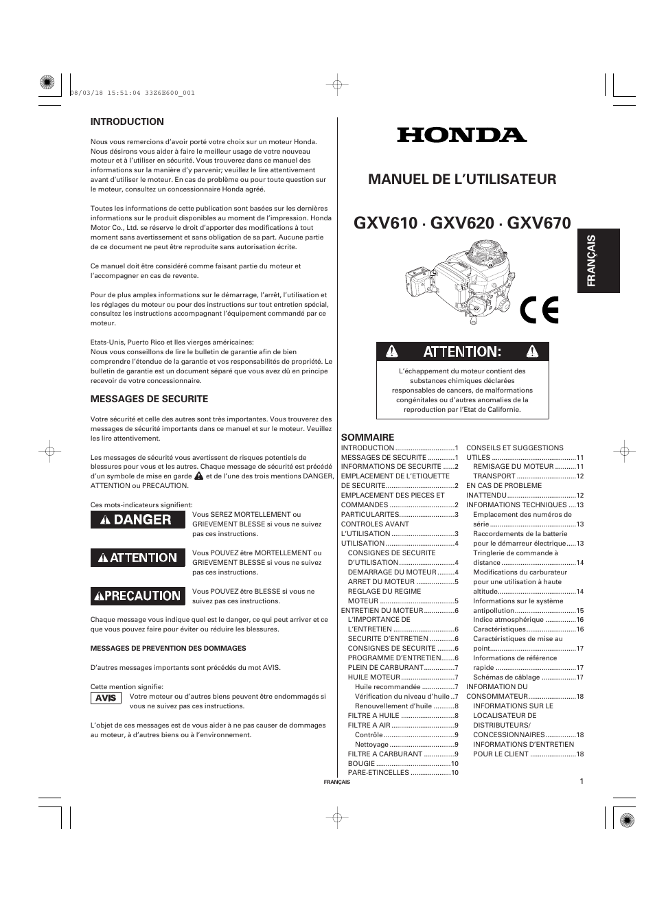Français, Manuel de l’utilisateur, Fr anç a is | HONDA GXV610 User Manual | Page 20 / 55