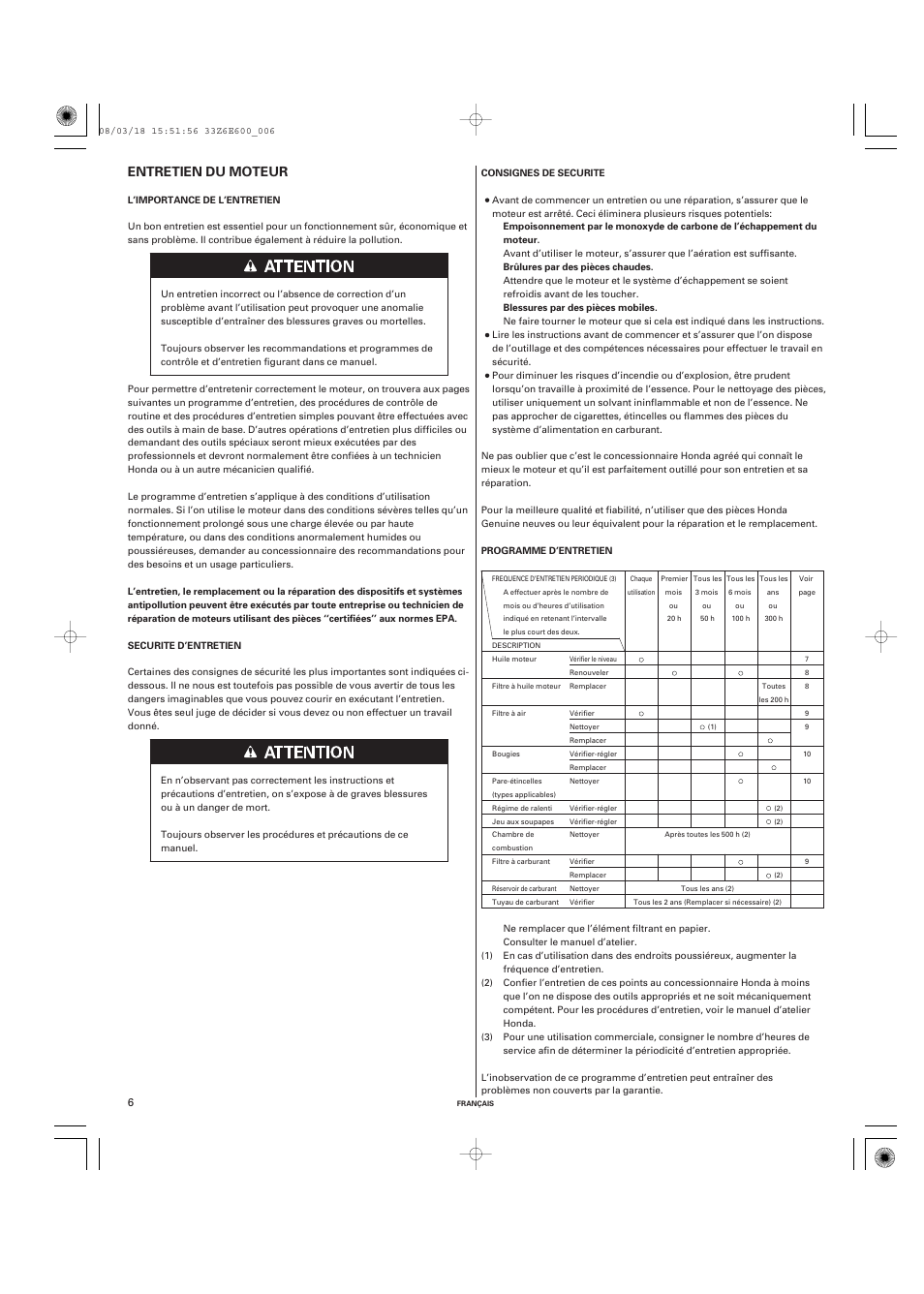 Entretien du moteur | HONDA GXV610 User Manual | Page 25 / 55