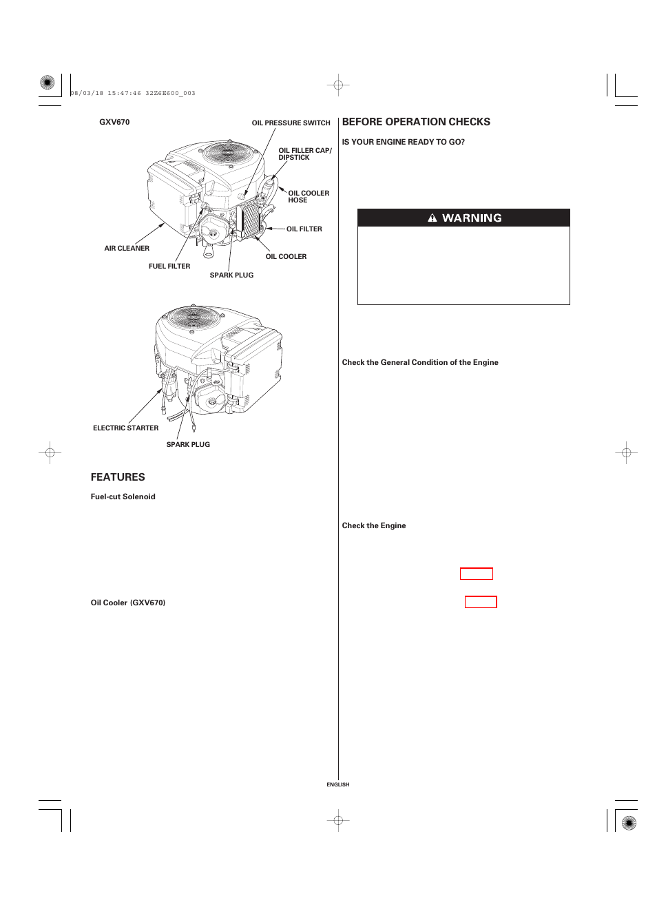 Features, Fuel-cut solenoid, Oil cooler (gxv670) | Before operation checks, Is your engine ready to go, Before operation, Checks, Before operation checks features | HONDA GXV610 User Manual | Page 3 / 55