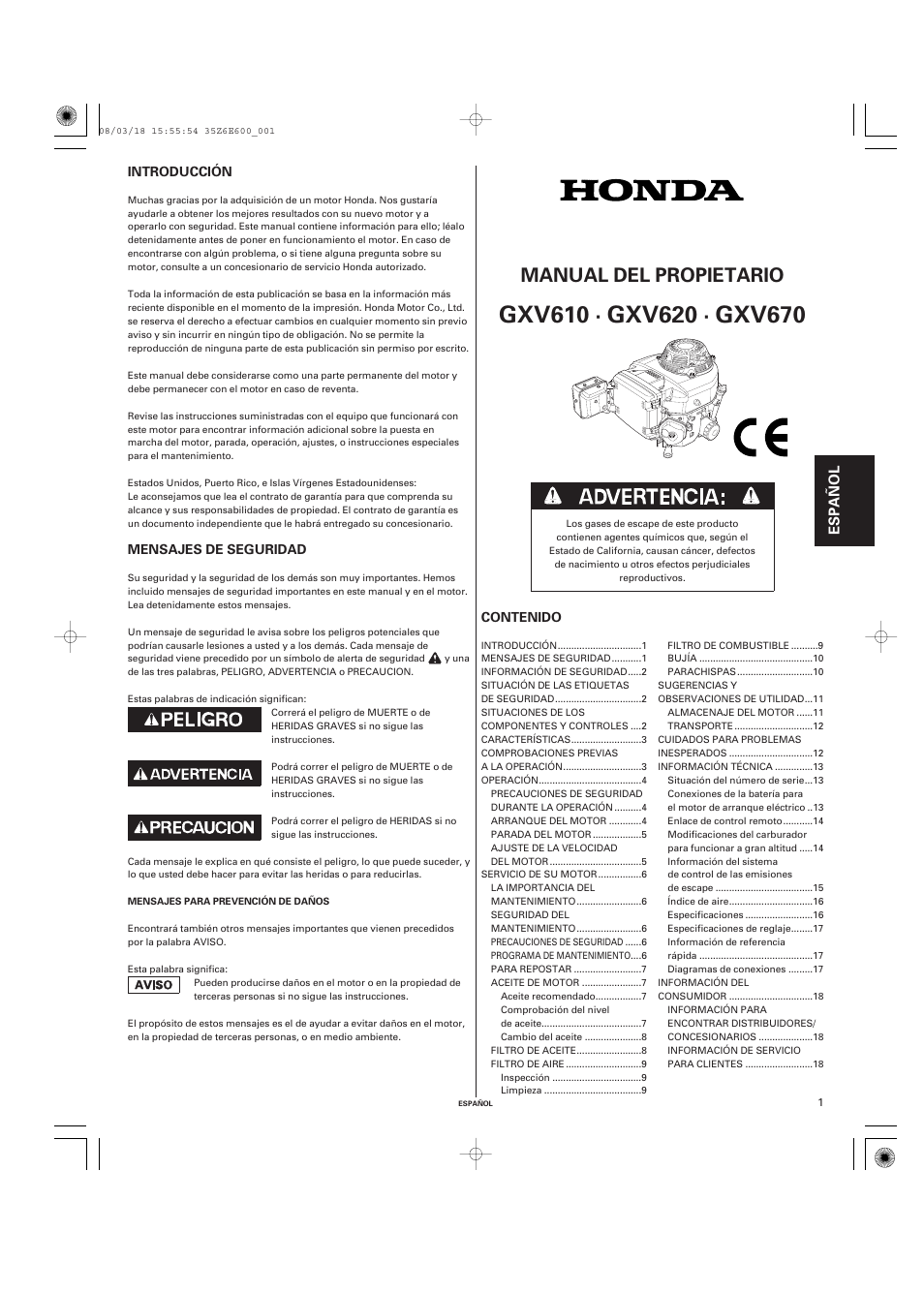 Español, Manual del propietario | HONDA GXV610 User Manual | Page 38 / 55