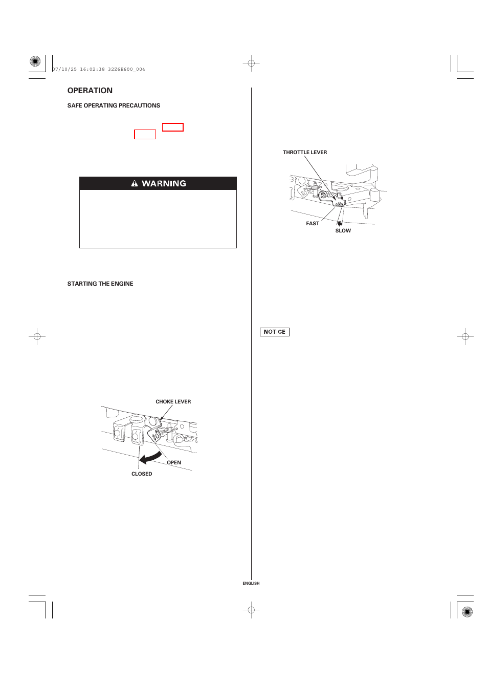 Operation, Safe operating precautions, Starting the engine | HONDA GXV610 User Manual | Page 4 / 55