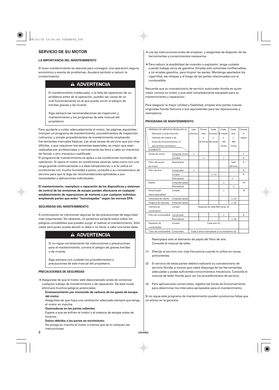 Servicio de su motor | HONDA GXV610 User Manual | Page 43 / 55