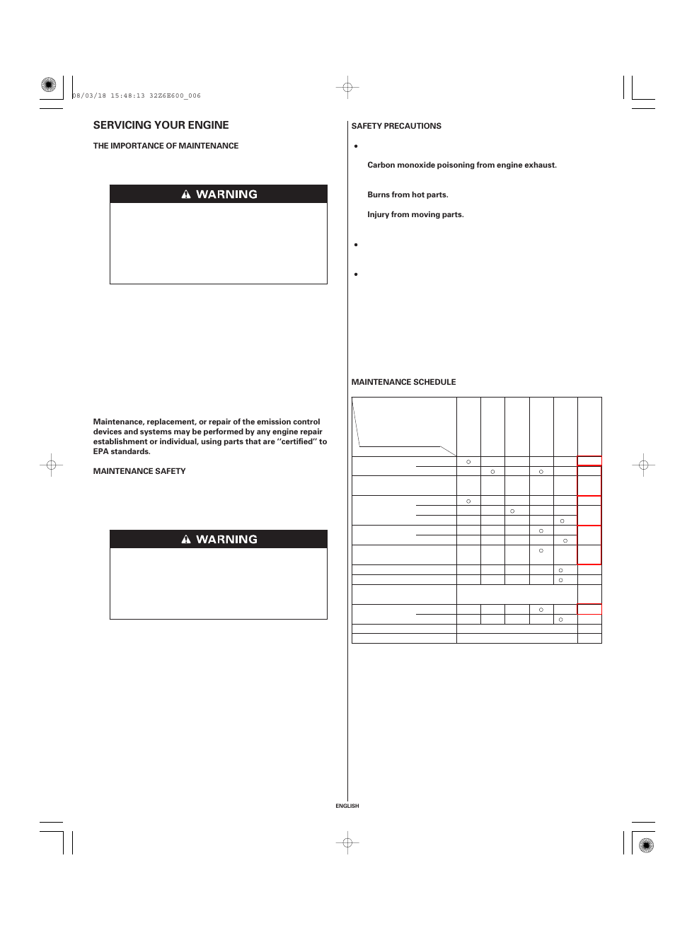 Servicing your engine, The importance of maintenance, Maintenance safety | Safety precautions, Maintenance schedule | HONDA GXV610 User Manual | Page 6 / 55