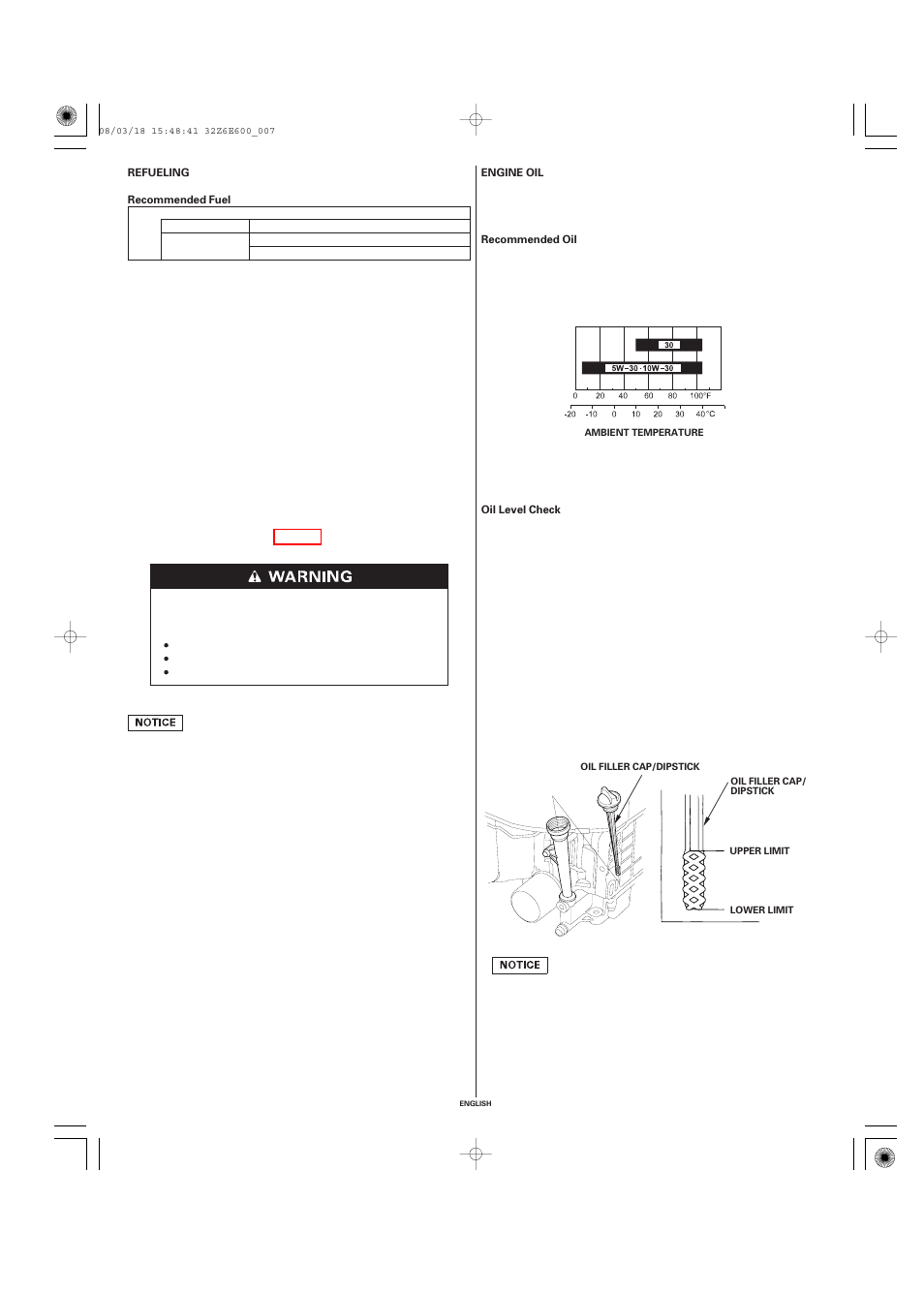 Refueling, Recommended fuel, Engine oil | Recommended oil, Oil level check | HONDA GXV610 User Manual | Page 7 / 55
