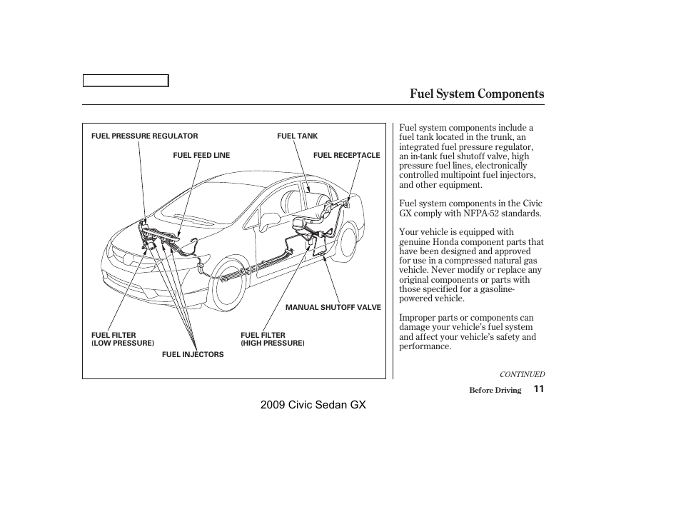 Fuel system components, 2009 civic sedan gx | HONDA 2009 Civic GX User Manual | Page 11 / 35