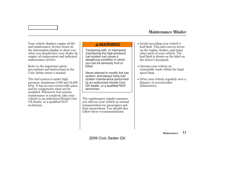 Maintenance minder | HONDA 2009 Civic GX User Manual | Page 17 / 35