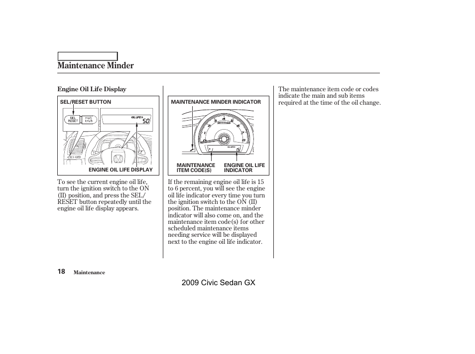 Maintenance minder | HONDA 2009 Civic GX User Manual | Page 18 / 35