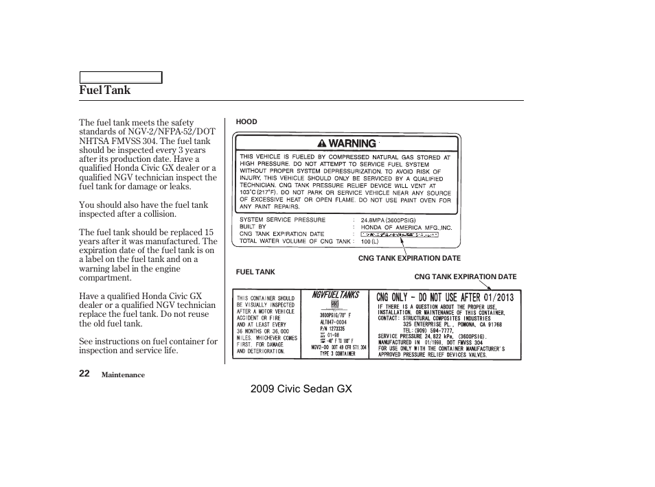 Fuel tank | HONDA 2009 Civic GX User Manual | Page 22 / 35