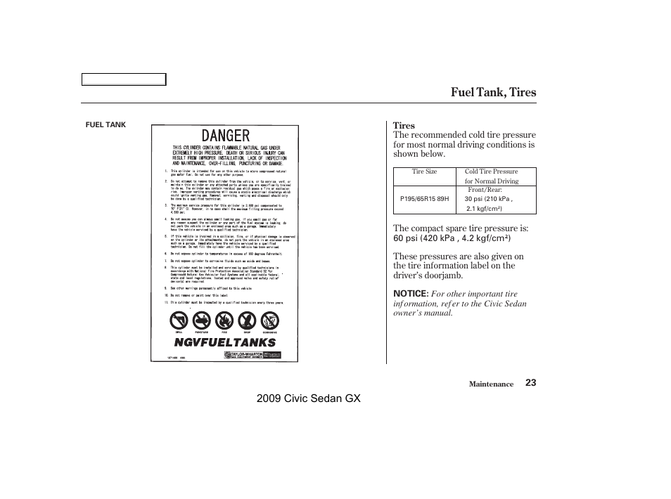 Fuel tank, tires, 2009 civic sedan gx | HONDA 2009 Civic GX User Manual | Page 23 / 35