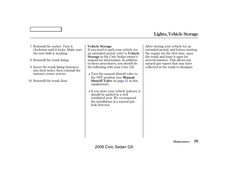 Lights, vehicle storage | HONDA 2009 Civic GX User Manual | Page 25 / 35