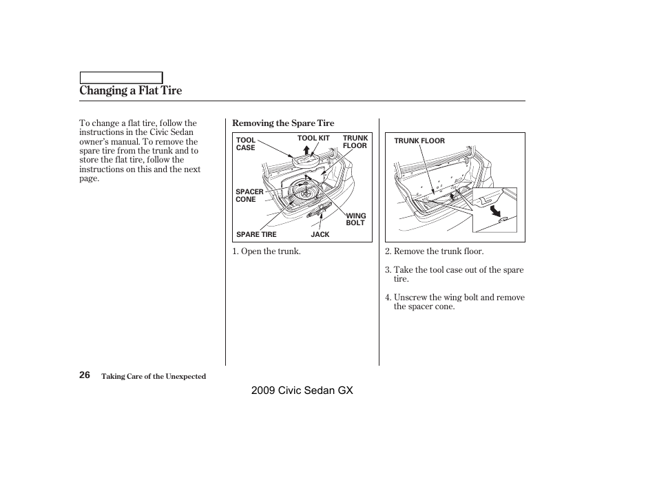 Changing a flat tire, 2009 civic sedan gx | HONDA 2009 Civic GX User Manual | Page 26 / 35