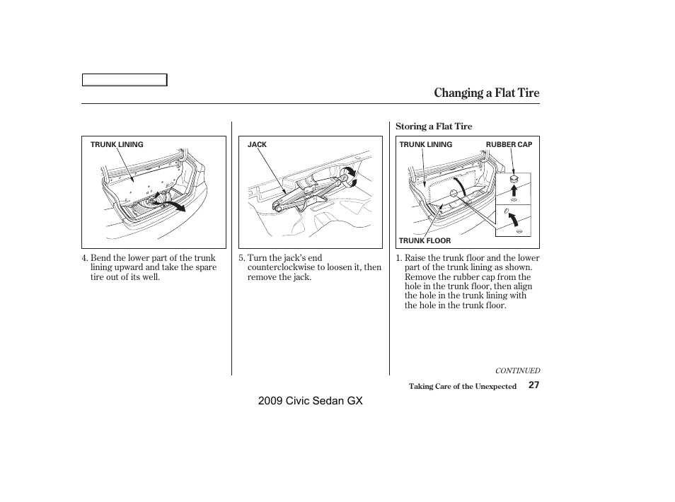 Changing a flat tire | HONDA 2009 Civic GX User Manual | Page 27 / 35