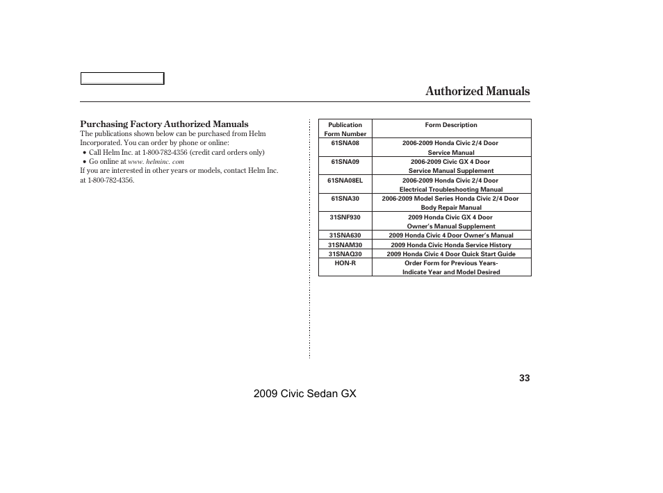 Authorized manuals, 2009 civic sedan gx | HONDA 2009 Civic GX User Manual | Page 33 / 35