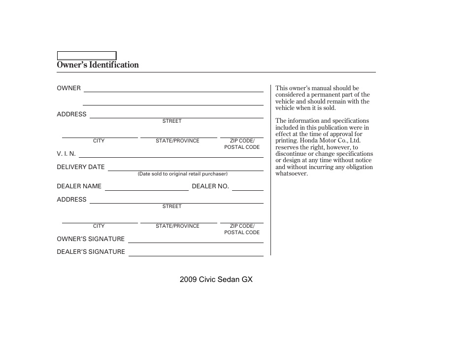 Owner’s identification, 2009 civic sedan gx | HONDA 2009 Civic GX User Manual | Page 35 / 35