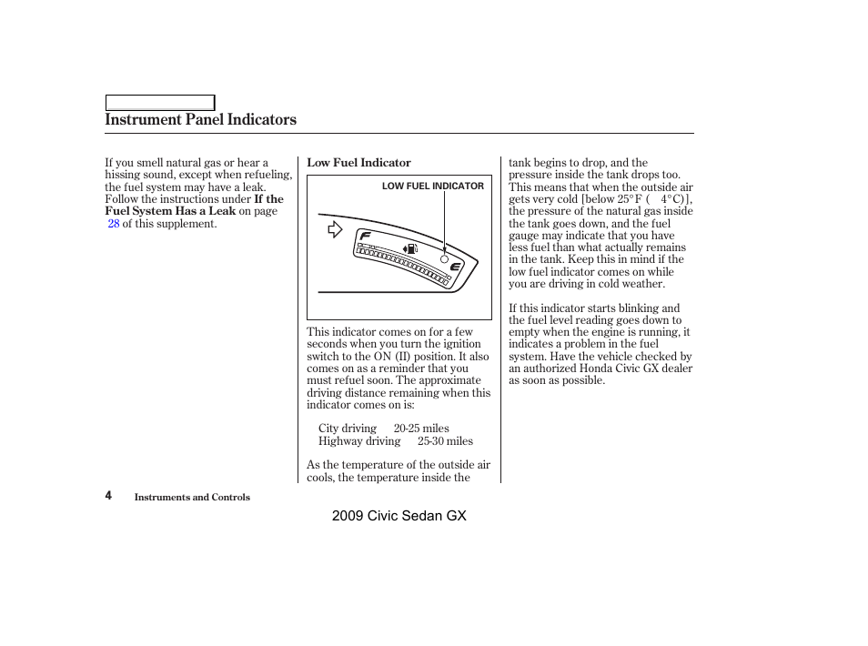 Instrument panel indicators | HONDA 2009 Civic GX User Manual | Page 4 / 35