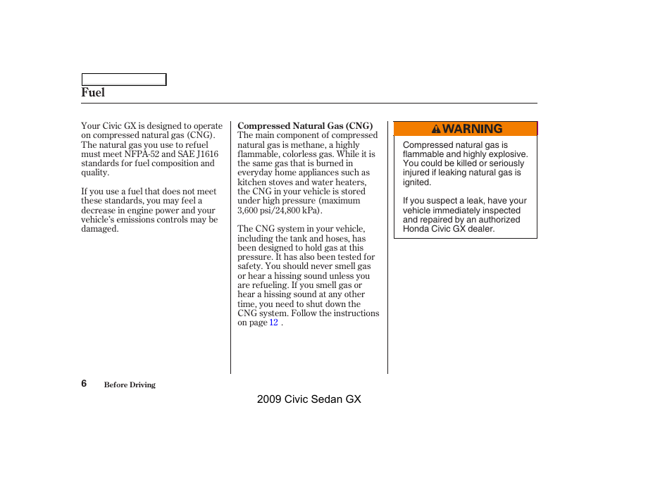 Fuel | HONDA 2009 Civic GX User Manual | Page 6 / 35