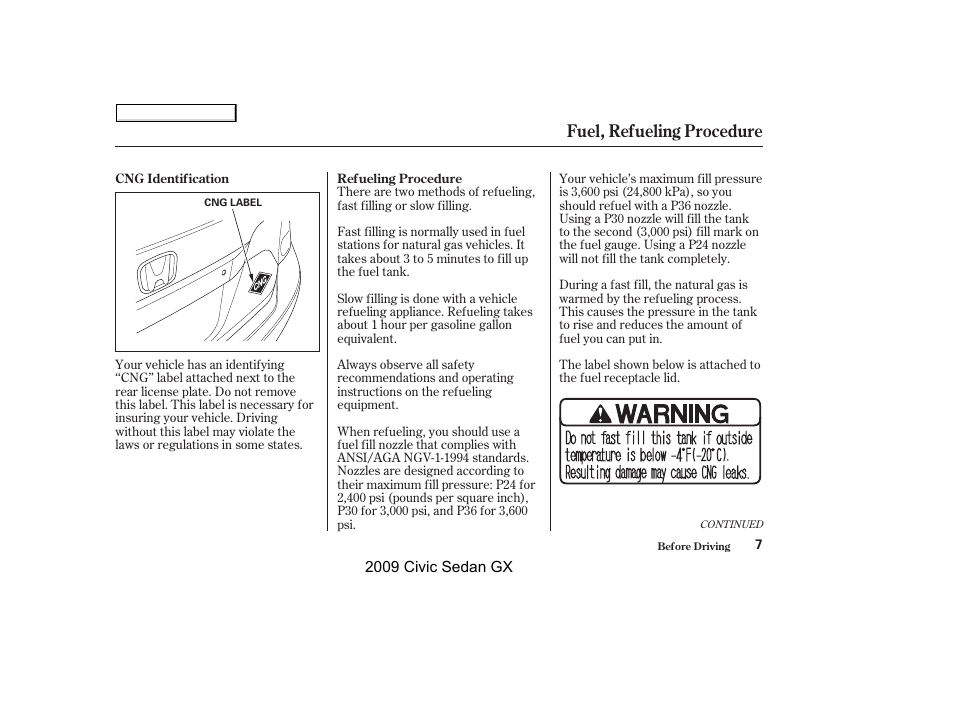 Fuel, refueling procedure | HONDA 2009 Civic GX User Manual | Page 7 / 35