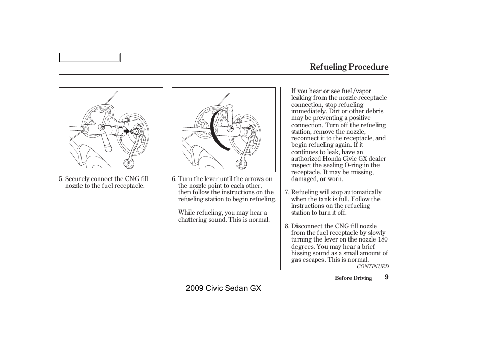 Refueling procedure | HONDA 2009 Civic GX User Manual | Page 9 / 35