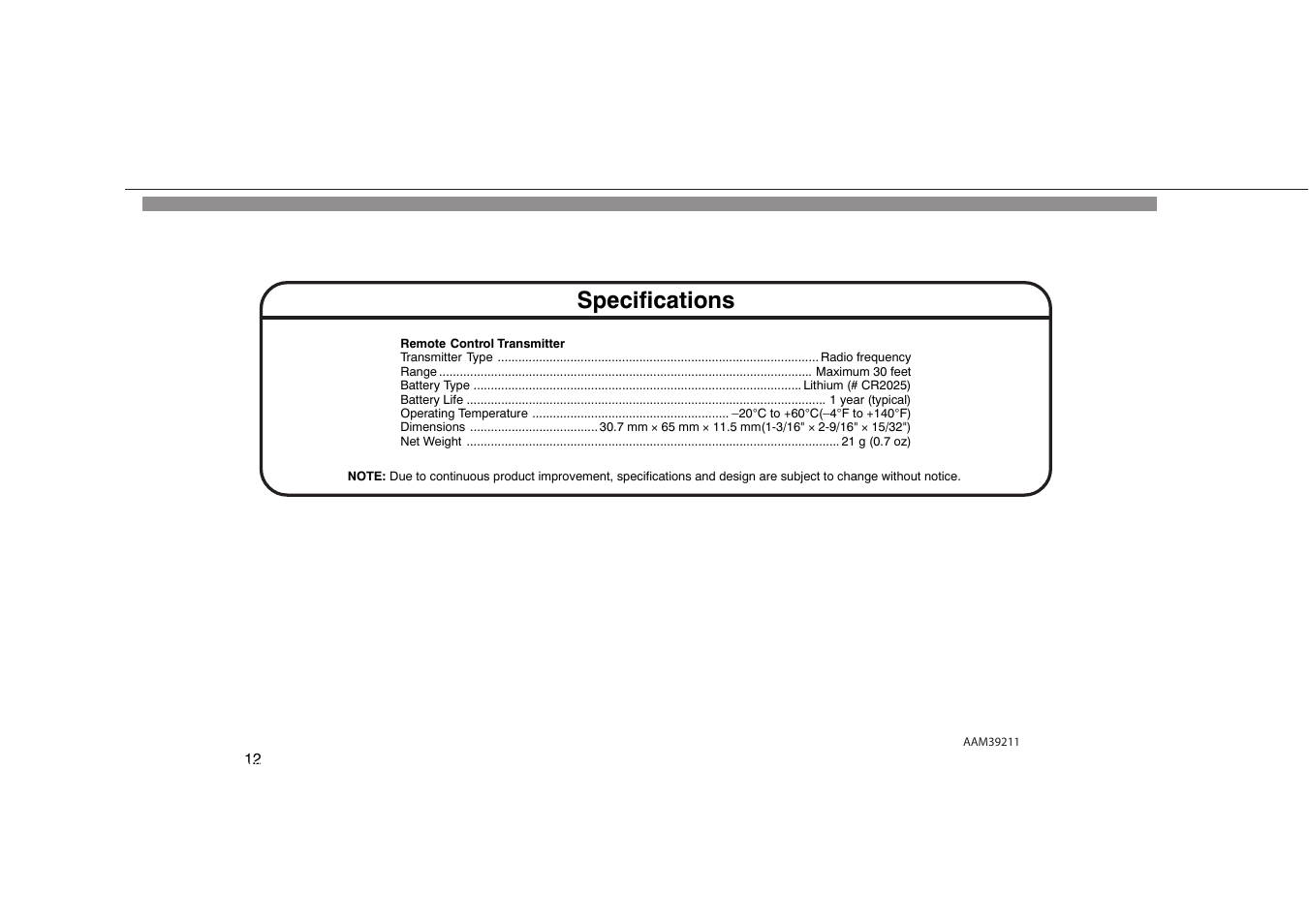 Specifications | HONDA Civic Remote Control Transmitter User Manual | Page 12 / 12