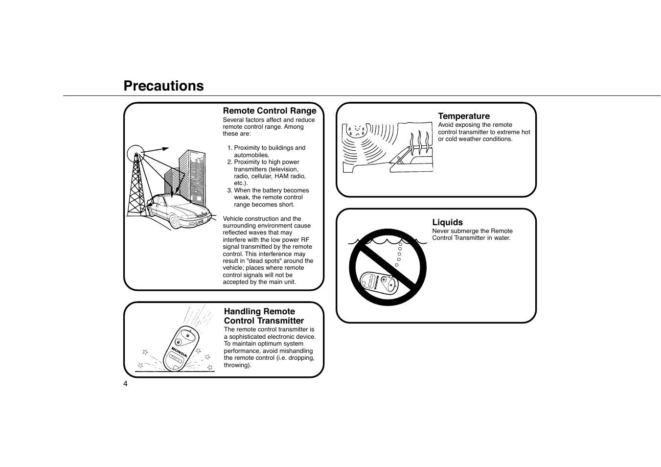 Precautions | HONDA Civic Remote Control Transmitter User Manual | Page 4 / 12