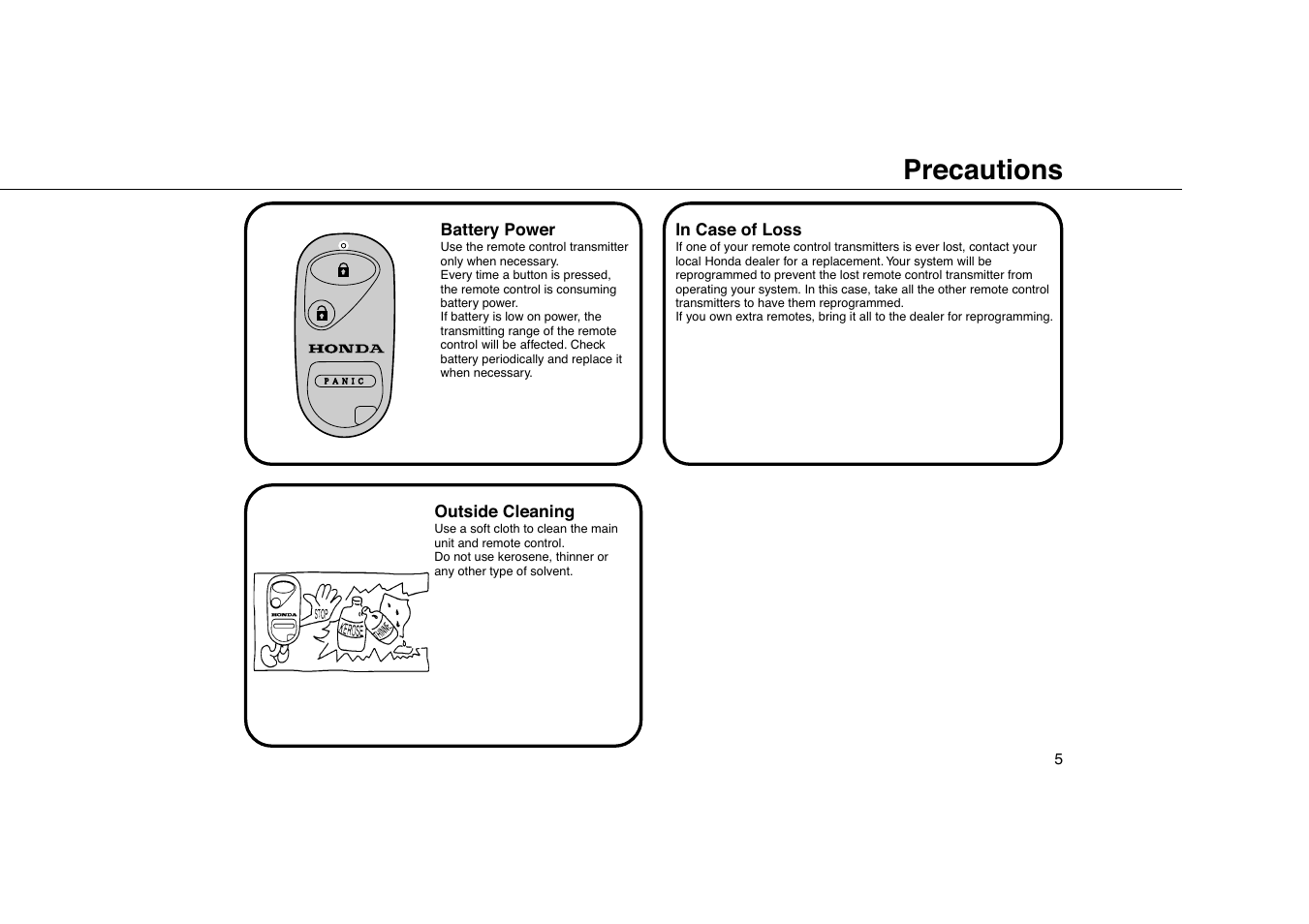 Precautions | HONDA Civic Remote Control Transmitter User Manual | Page 5 / 12