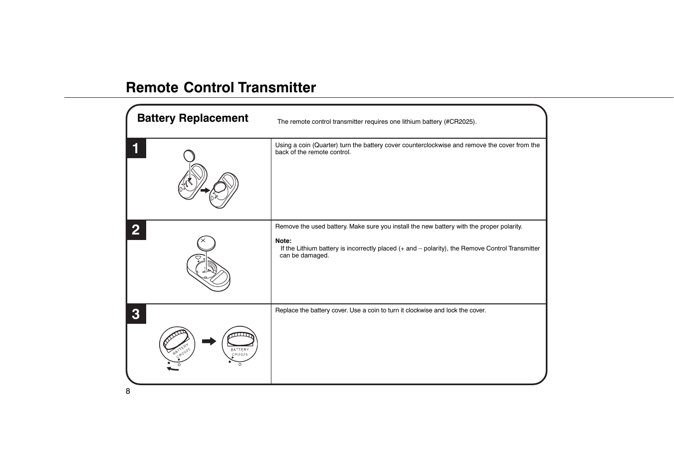 Remote control transmitter 1 2 | HONDA Civic Remote Control Transmitter User Manual | Page 8 / 12