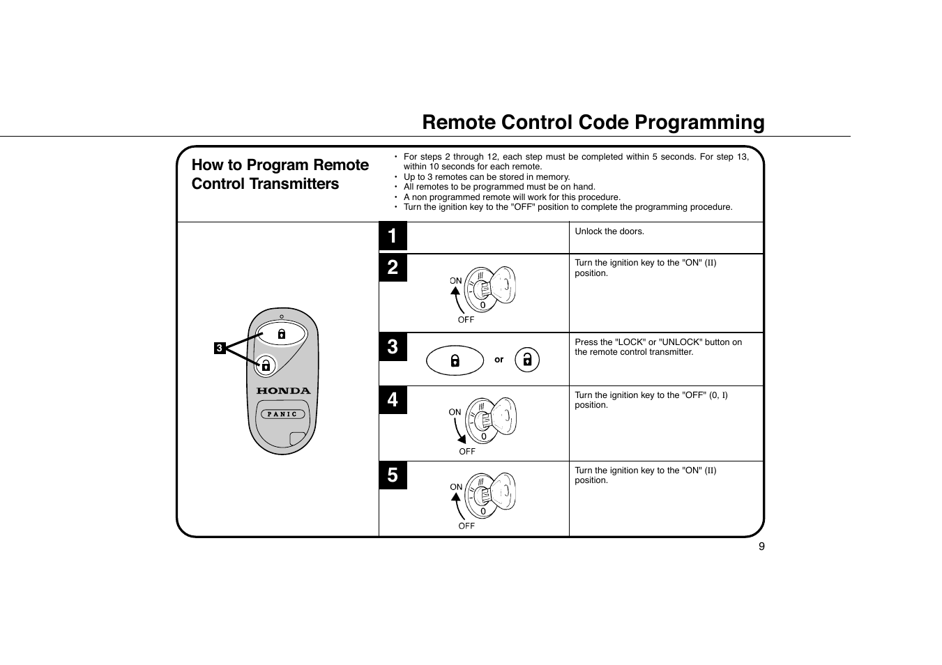 Remote control code programming 1 2 | HONDA Civic Remote Control Transmitter User Manual | Page 9 / 12