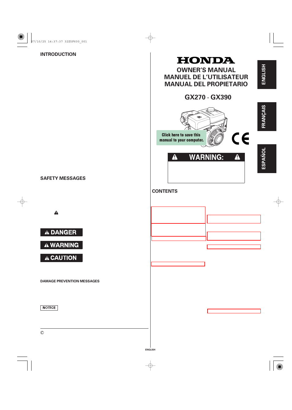HONDA GX390 User Manual | 60 pages