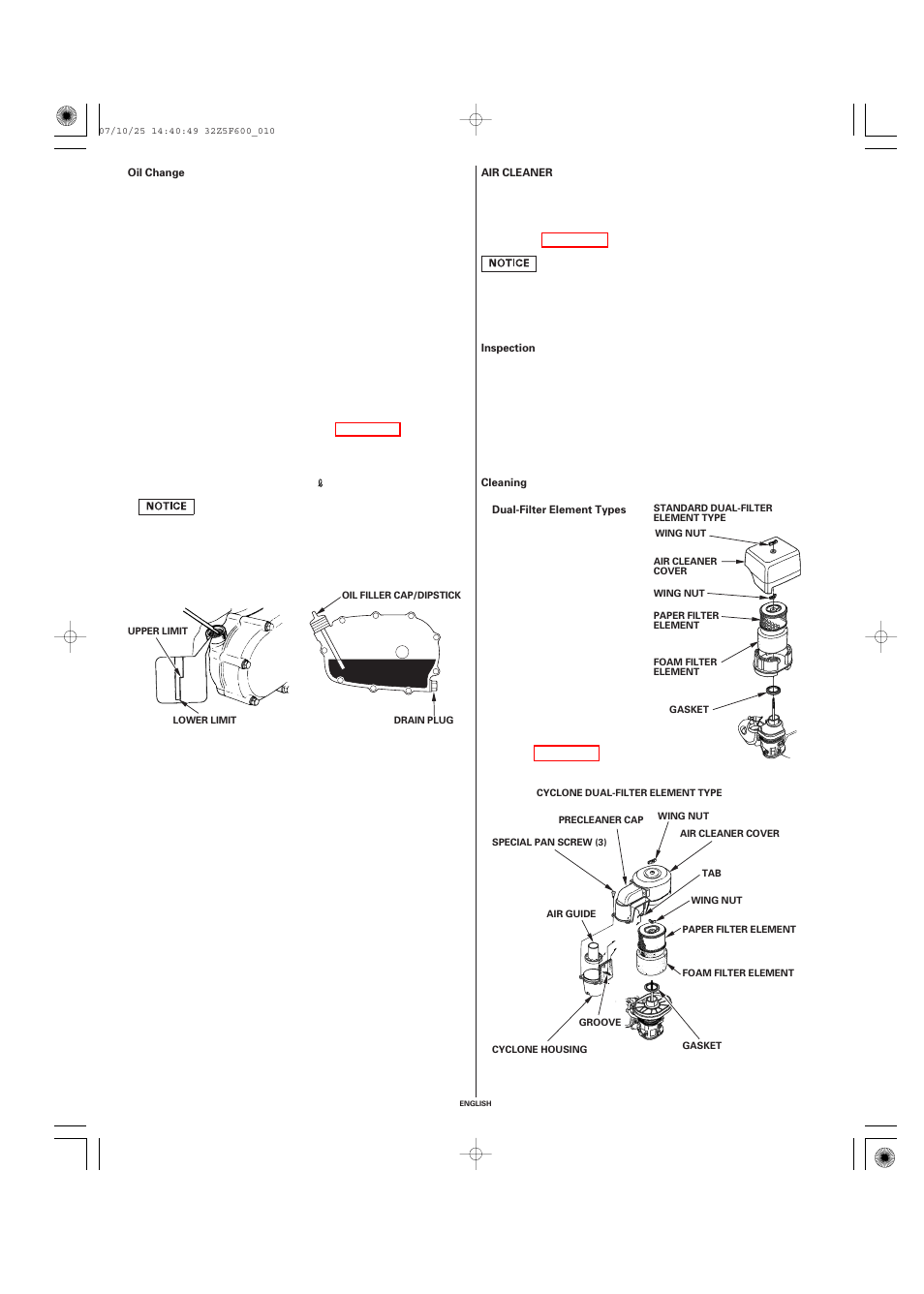 Oil change, Air cleaner, Inspection | Cleaning | HONDA GX390 User Manual | Page 10 / 60