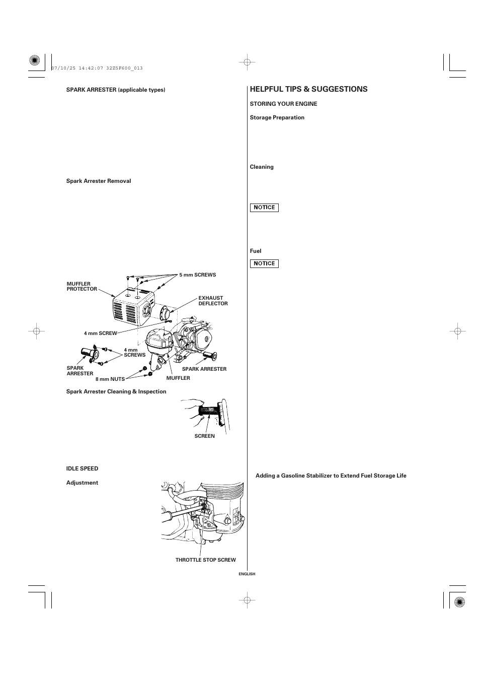 Spark arrester (applicable types), Spark arrester removal, Spark arrester cleaning & inspection | Idle speed, Adjustment, Helpful tips & suggestions, Storing your engine, Storage preparation, Cleaning, Fuel | HONDA GX390 User Manual | Page 13 / 60