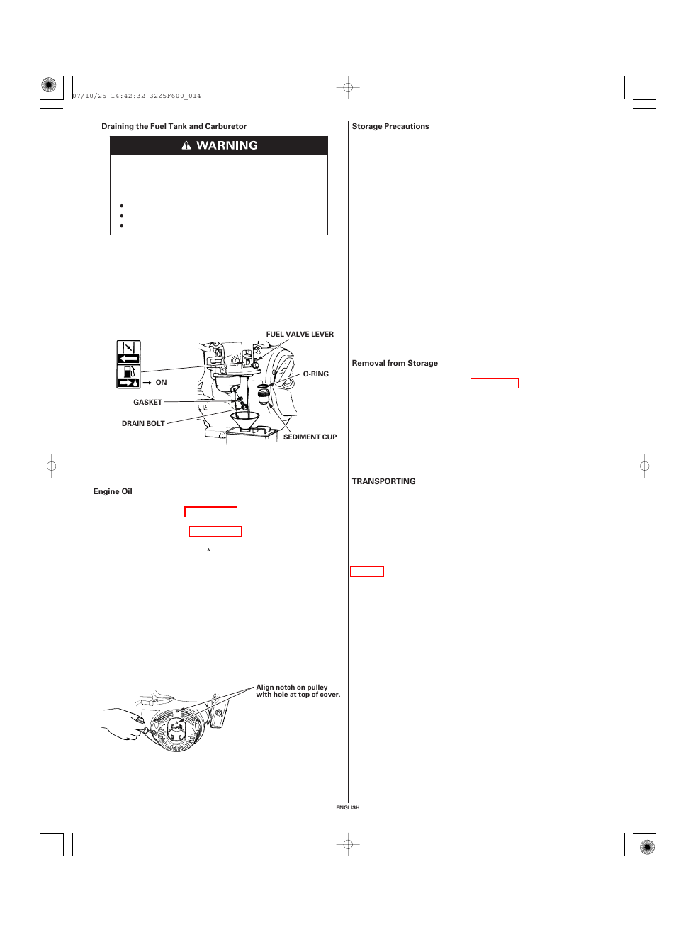 Engine oil, Storage precautions, Removal from storage | Transporting | HONDA GX390 User Manual | Page 14 / 60