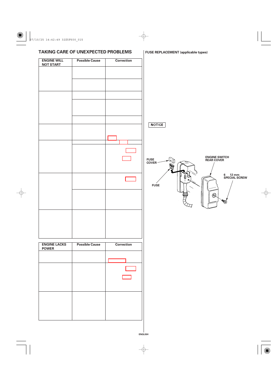 Taking care of unexpected problems, Fuse replacement (applicable types), Taking care of | Unexpected problems | HONDA GX390 User Manual | Page 15 / 60