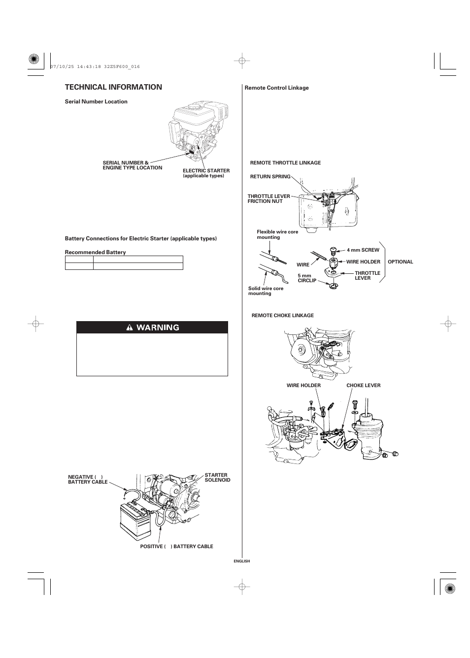 Technical information, Serial number location, Remote control linkage | Technical information .16 | HONDA GX390 User Manual | Page 16 / 60