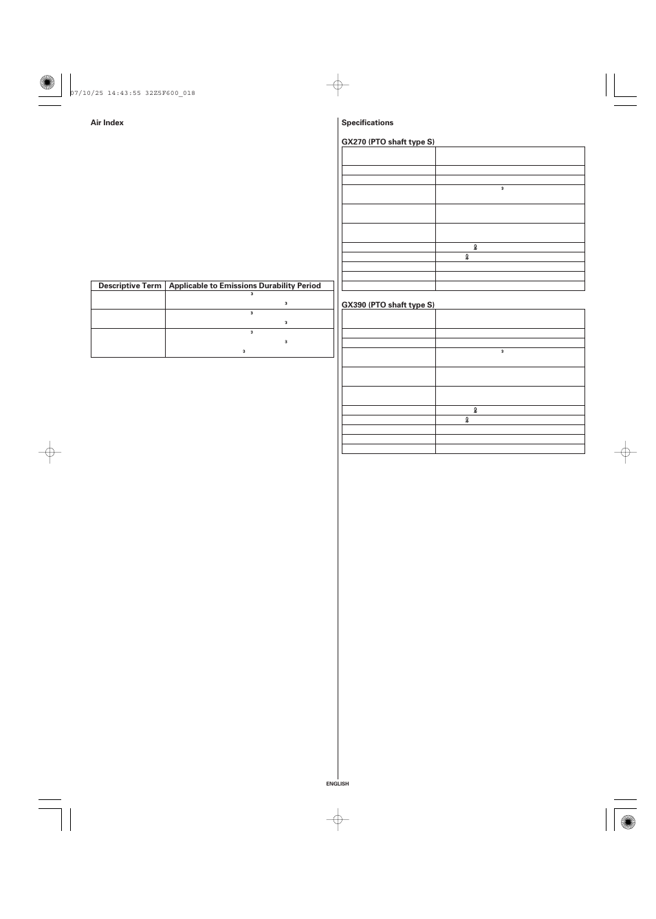 Air index, Specifications | HONDA GX390 User Manual | Page 18 / 60