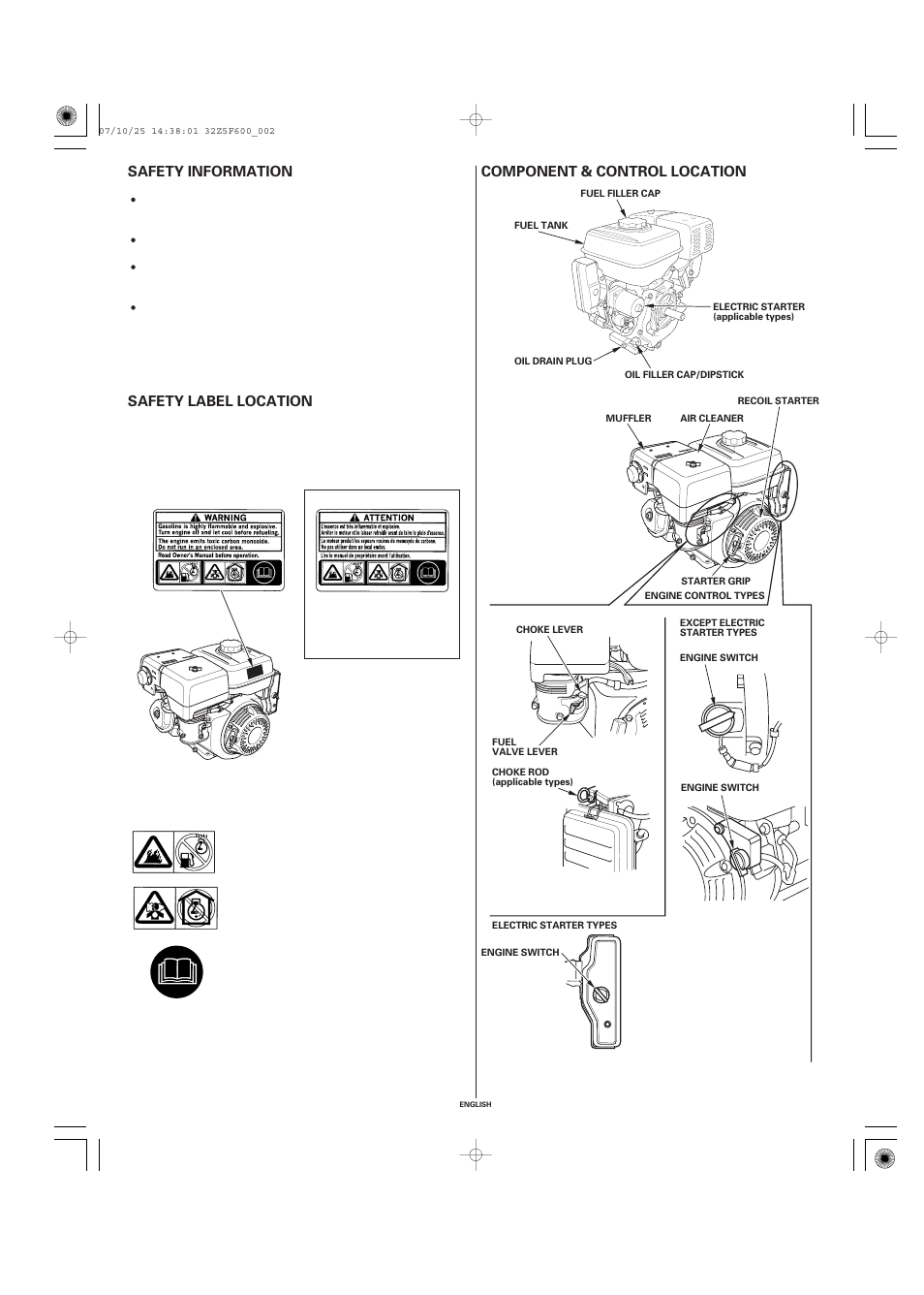 Safety information, Safety label location, Component & control location | Component & control, Location | HONDA GX390 User Manual | Page 2 / 60
