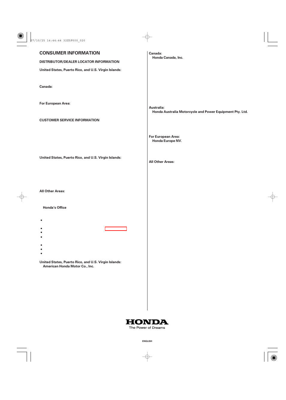 Consumer information, Distributor/dealer locator information, Customer service information | Consumer information .20 | HONDA GX390 User Manual | Page 20 / 60