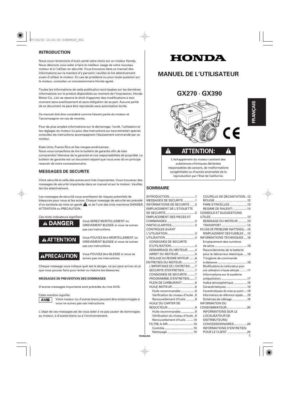 Français, Manuel de l’utilisateur, Fr anç a is | HONDA GX390 User Manual | Page 21 / 60