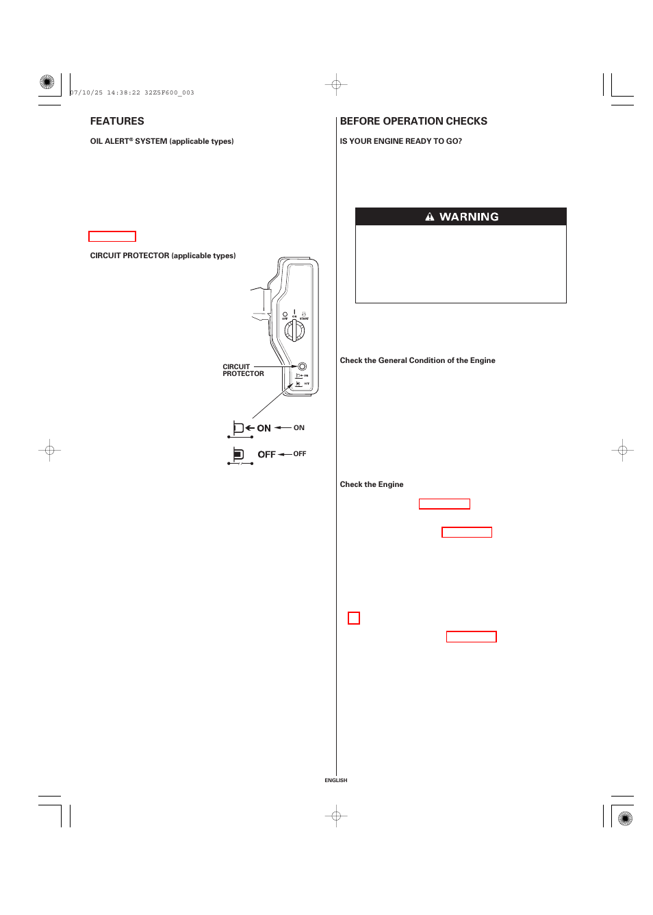 Features, Oil alert® system (applicable types), Circuit protector (applicable types) | Before operation checks, Is your engine ready to go, Before operation, Checks, Before operation checks features | HONDA GX390 User Manual | Page 3 / 60