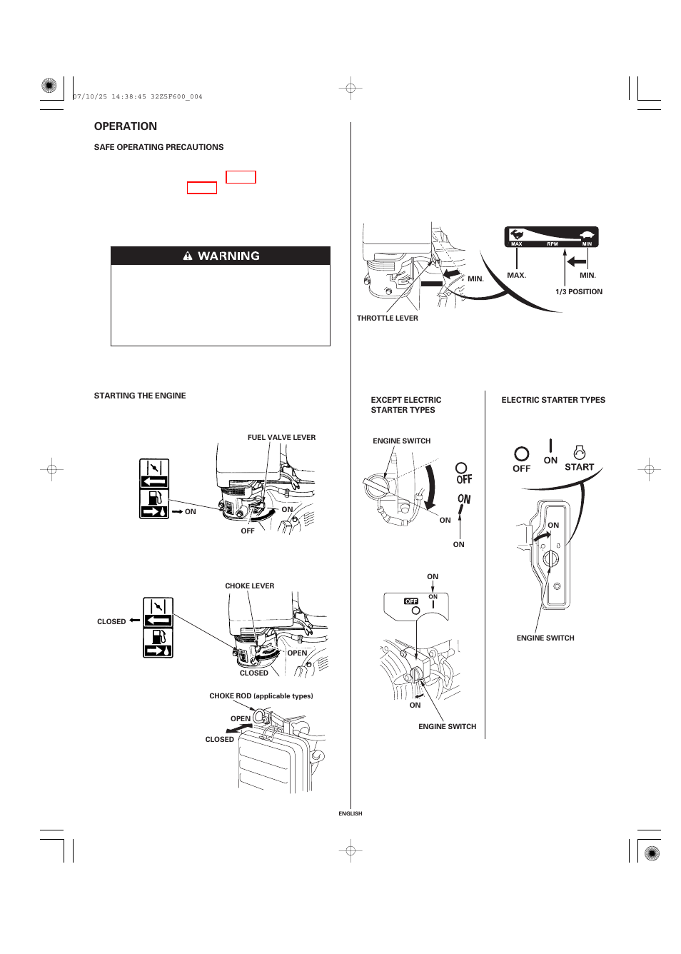 Operation, Safe operating precautions, Starting the engine | HONDA GX390 User Manual | Page 4 / 60