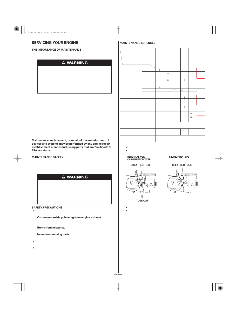 Servicing your engine, The importance of maintenance, Maintenance safety | Safety precautions, Maintenance schedule | HONDA GX390 User Manual | Page 7 / 60