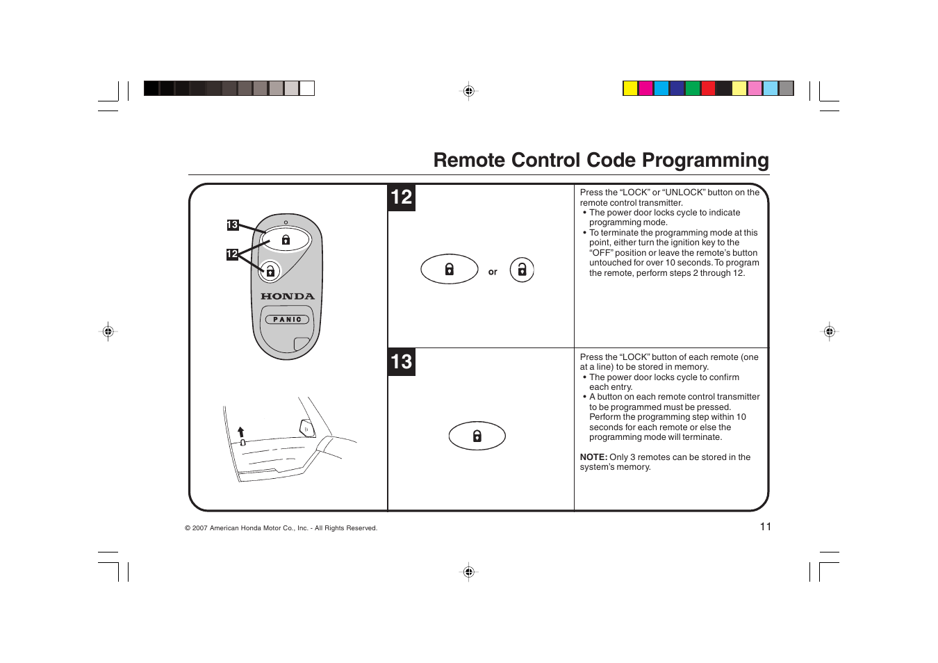 Remote control code programming 12 13 | HONDA FIT Remote Control Transmitter User Manual | Page 11 / 16