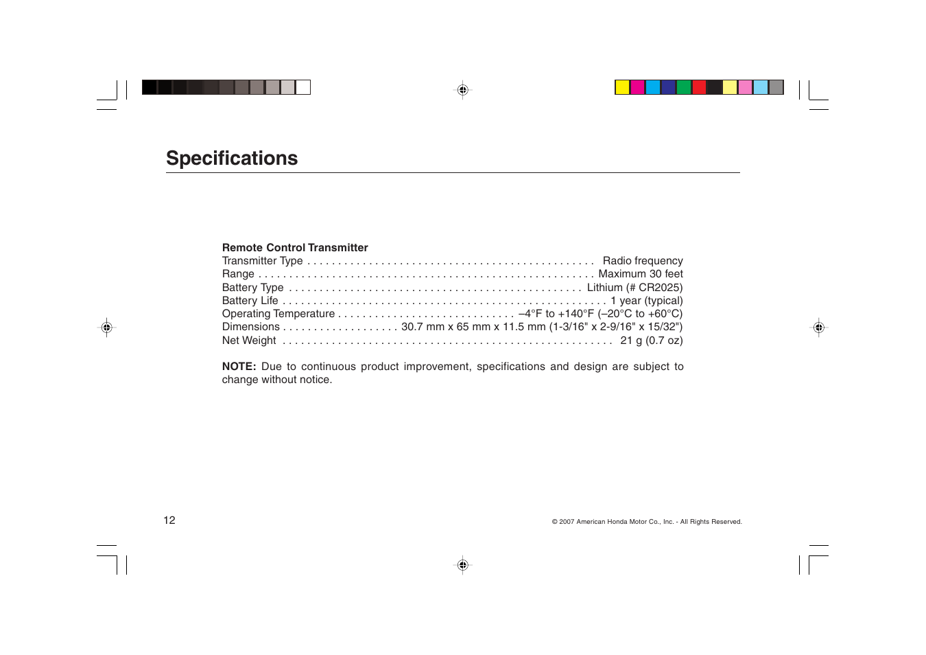 Specifications | HONDA FIT Remote Control Transmitter User Manual | Page 12 / 16