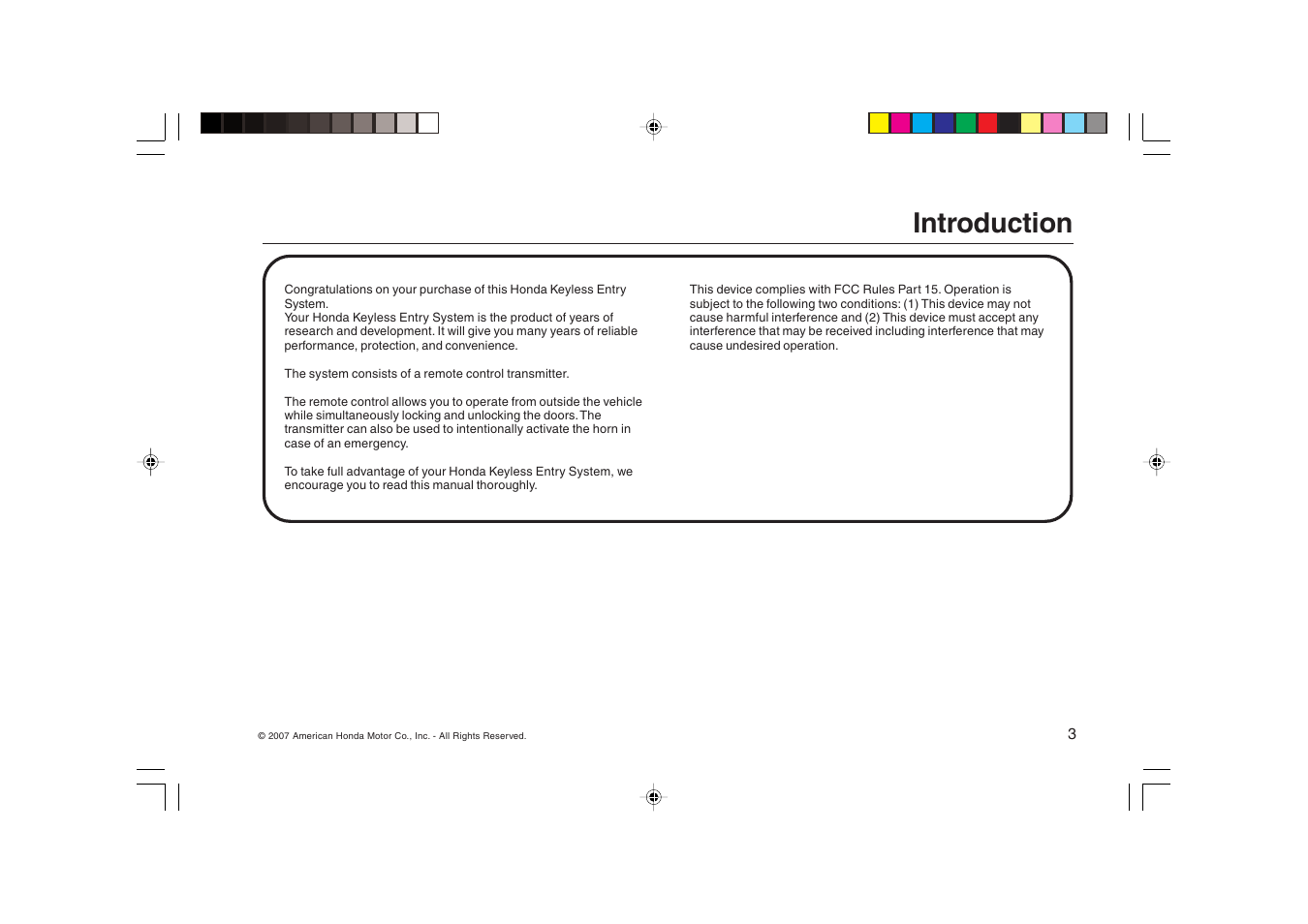 Introduction | HONDA FIT Remote Control Transmitter User Manual | Page 3 / 16