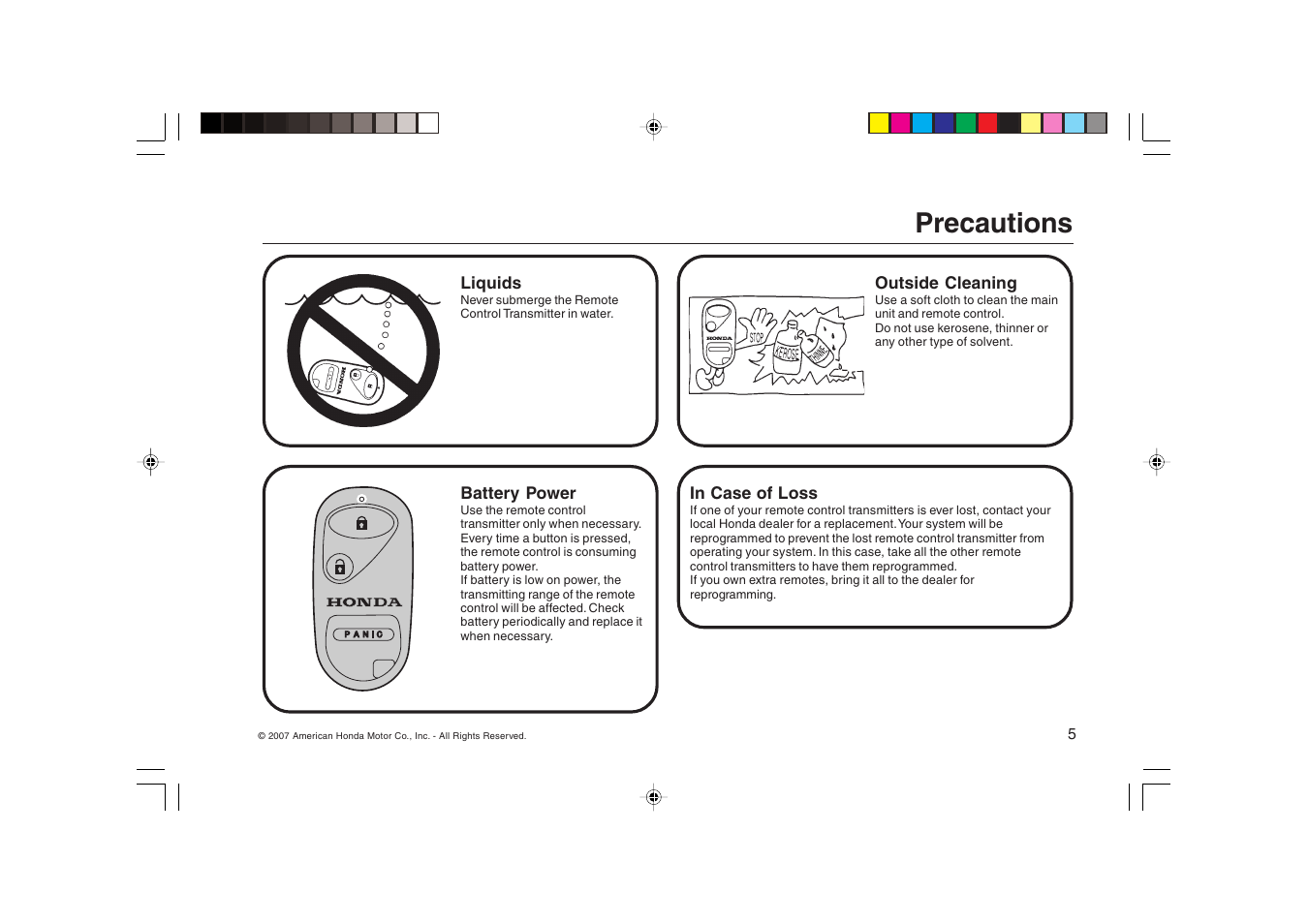 Precautions | HONDA FIT Remote Control Transmitter User Manual | Page 5 / 16