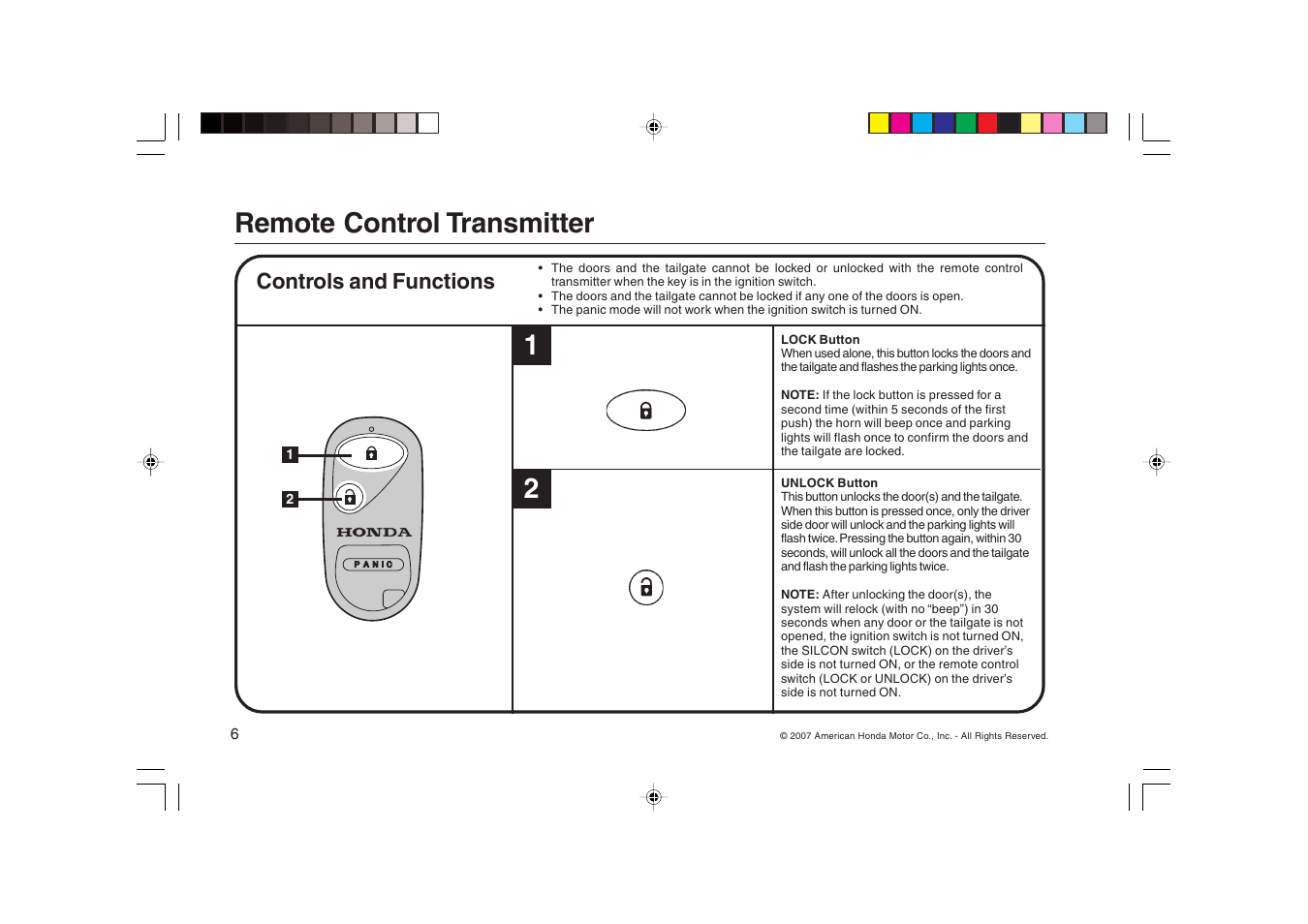 Remote control transmitter 1 2 | HONDA FIT Remote Control Transmitter User Manual | Page 6 / 16