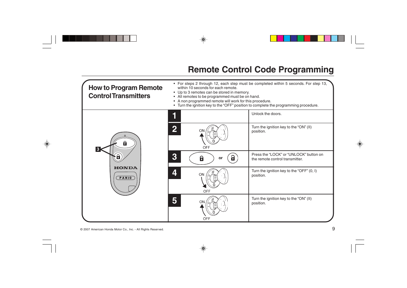 Remote control code programming 1 2 | HONDA FIT Remote Control Transmitter User Manual | Page 9 / 16